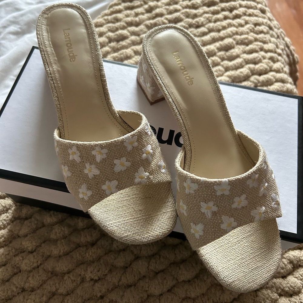 Larroude Brigitte Mule Sandals in Raw Linen